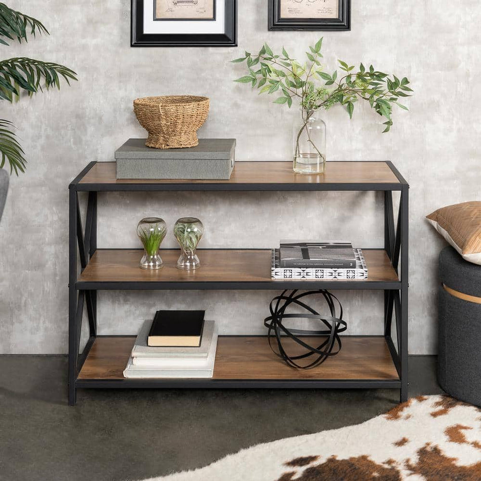 Walker Edison Furniture Company 26 in. Barnwood/Black Metal 3-shelf Etagere Bookcase with Open Back