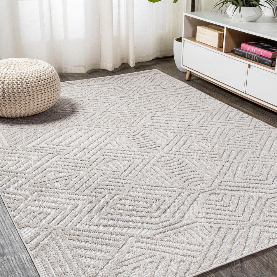 JONATHAN Y Jordan High-Low Pile Art Deco Geometric Beige 8 ft. x 10 ft. Indoor/Outdoor Area Rug