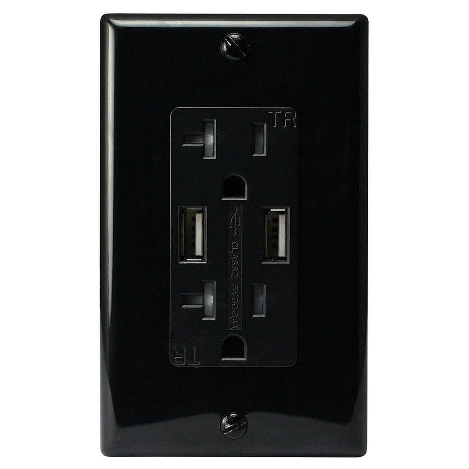 ASI Two 3.4 Amp USB Two 20 Amp AC Wall Outlet and USB Charging Ports Wall Plate Tamper Resistant, Black