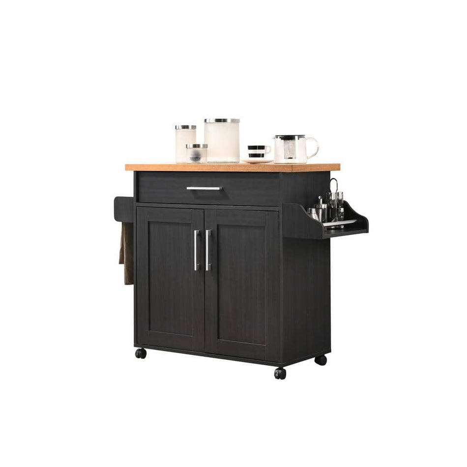 HODEDAH Black-Beech Kitchen Island with Spice Rack and Towel Holder