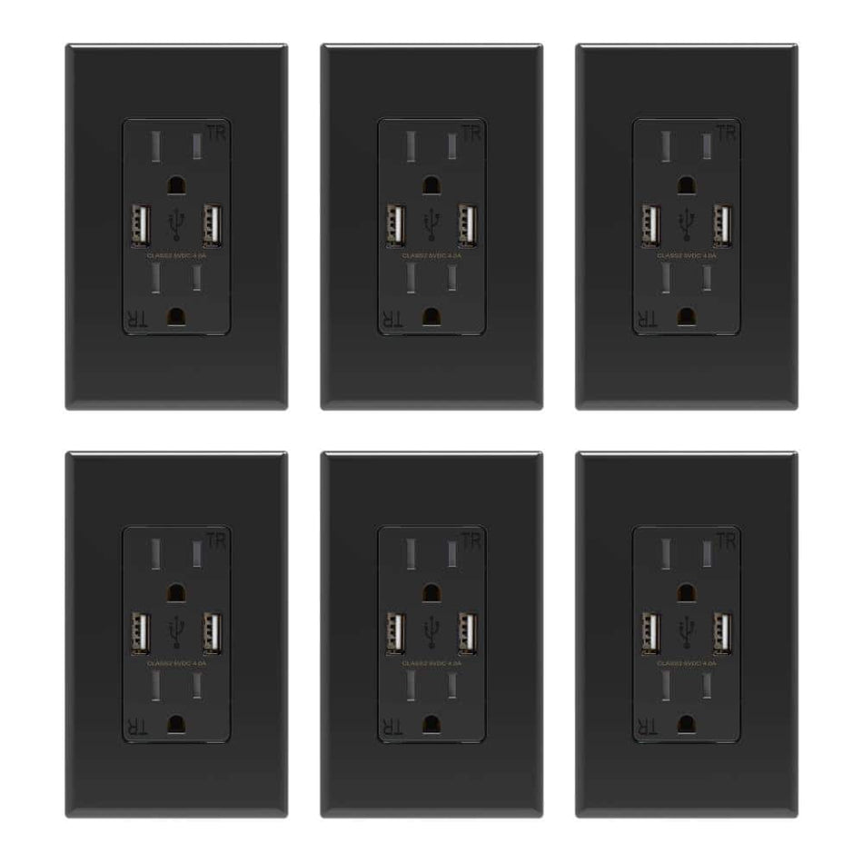 ELEGRP 4 Amp USB Dual Type A In-Wall Charger with 15 Amp Duplex Tamper Resistant Outlet, Wall Plate Included, Black (6-Pack)