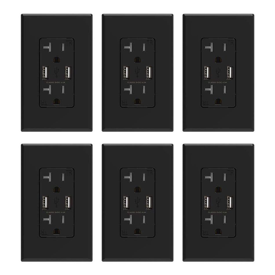 ELEGRP 4 Amp USB Dual Type A In-Wall Charger with 20 Amp Duplex Tamper Resistant Outlet, Wall Plate Included, Black (6-Pack)