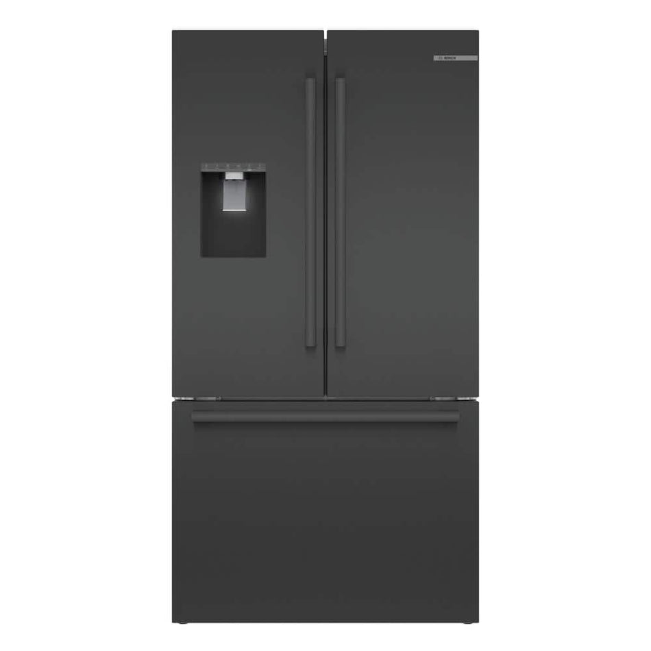 Bosch 500 Series 26 cu ft 3-Door French Door Refrigerator in Black Stainless Steel with Ice and Water, Freezer, Standard Depth