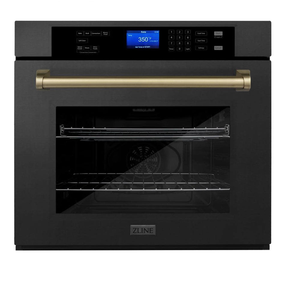 ZLINE Kitchen and Bath Autograph Edition 30 in. Single Electric Wall Oven w/ True Convection & Champagne Bronze Handle in Black Stainless Steel