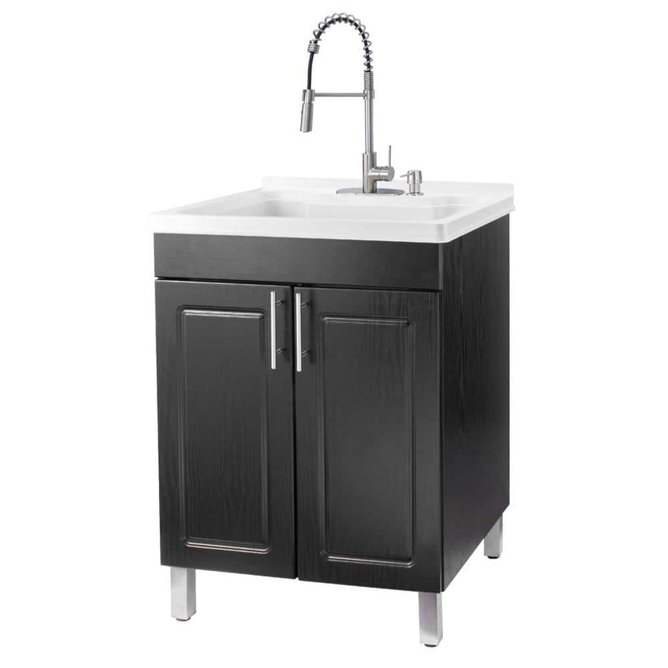 TEHILA 24 in. x 21.75 in. x 33.75 in. Thermoplastic Drop-In Sink, Stainless Coil Faucet, Soap Dispenser, Black MDF Cabinet