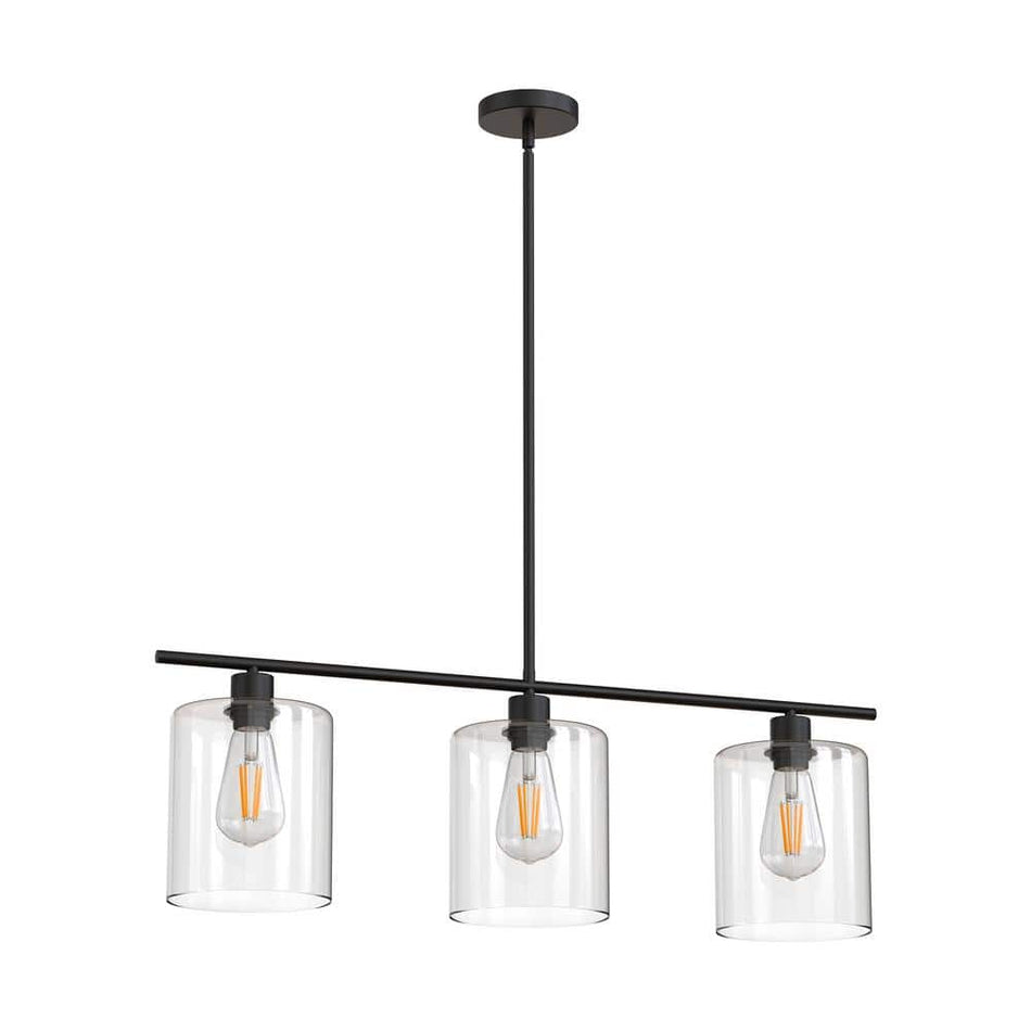 YANSUN 3-Light Matte Black Modern Kitchen Island Light fixtures,Linear Chandelier Pendant Hanging Light with Clear Glass Shade