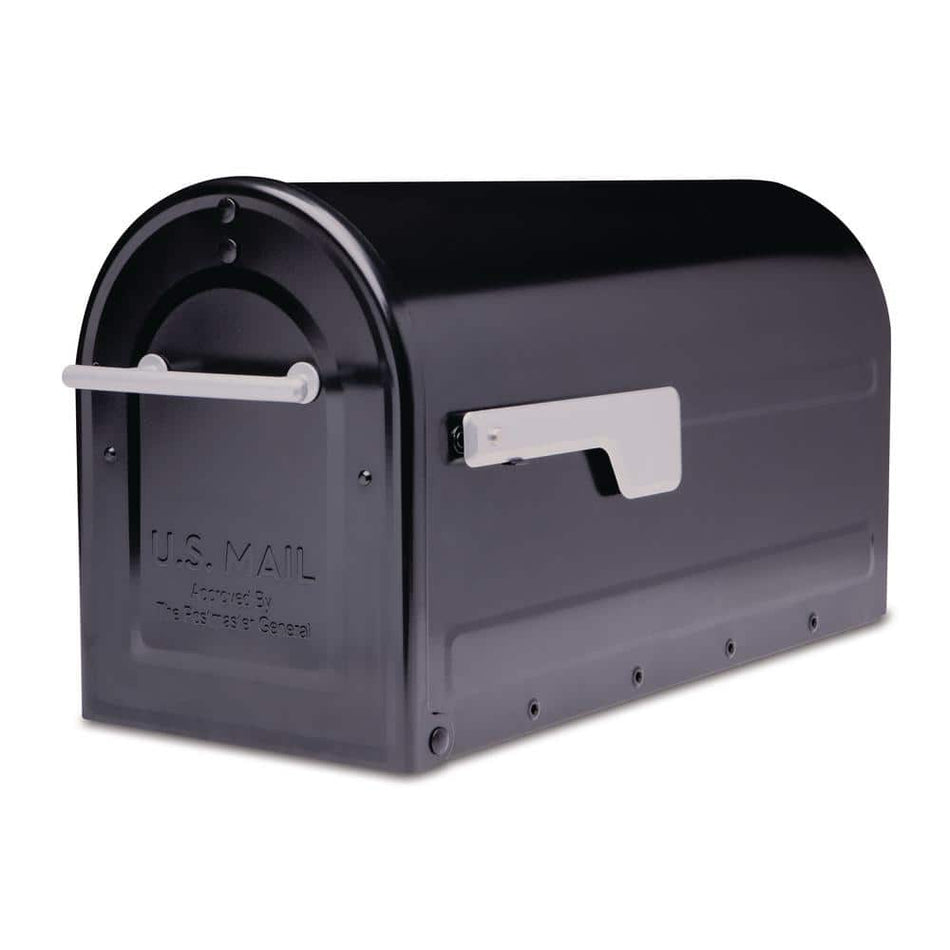 Architectural Mailboxes Boulder Black, Large, Steel, Post Mount Mailbox with Silver Handle and Flag