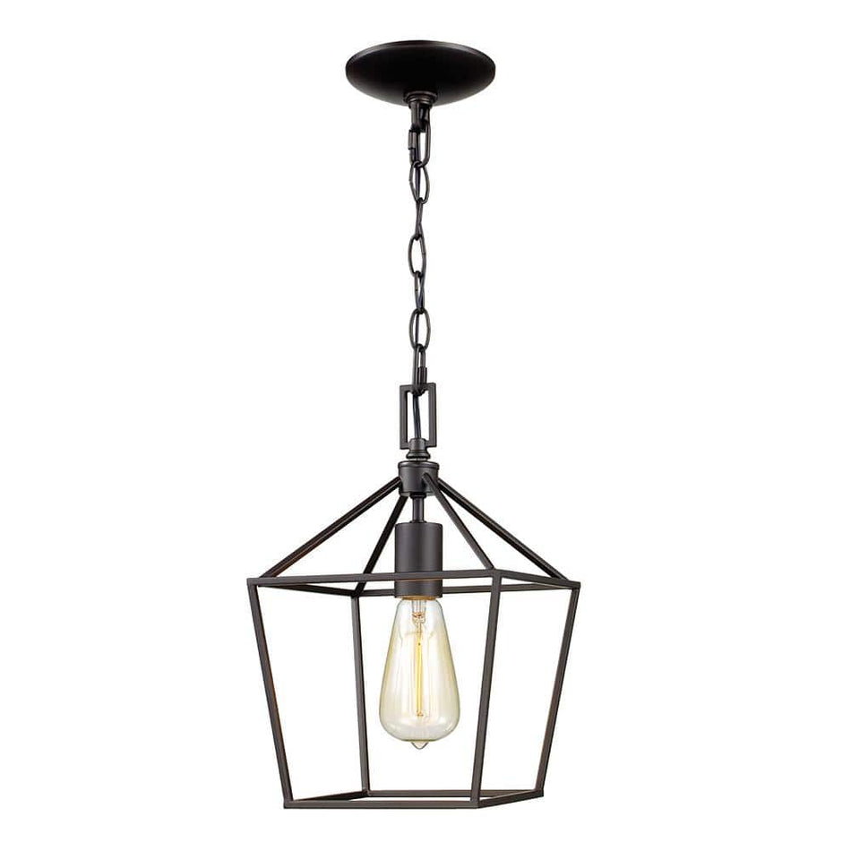 Home Decorators Collection Weyburn 1-Light Bronze Farmhouse Mini Pendant Light Fixture with Caged Metal Shade