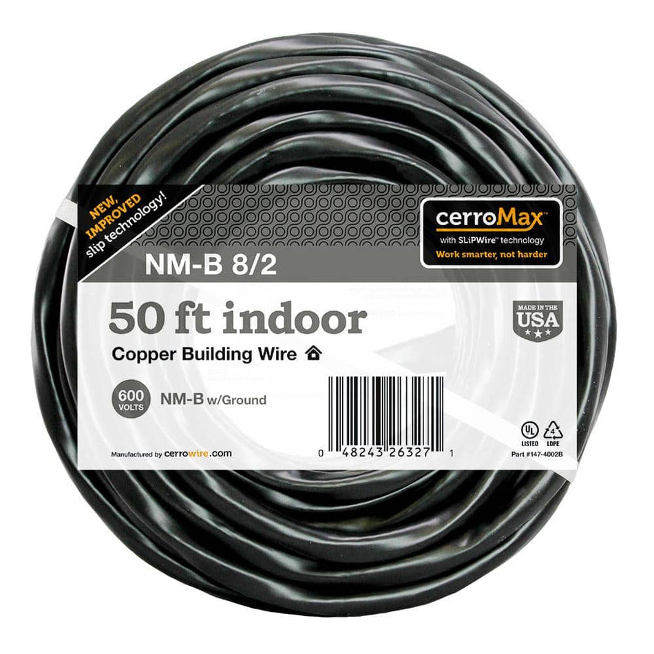 Cerrowire 50 ft. 8/2 Black Stranded CerroMax SLiPWire CU NM-B with G Wire