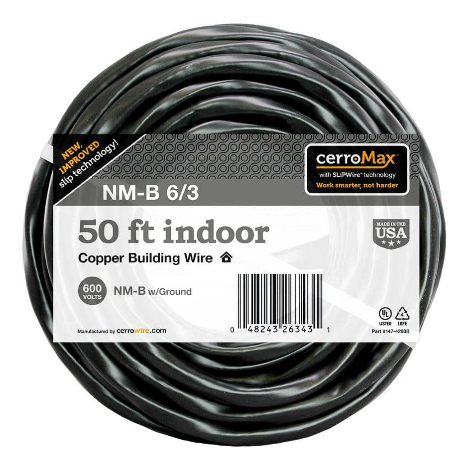 Cerrowire 50 ft. 6/3 Black Stranded CerroMax SLiPWire Copper NM-B Wire