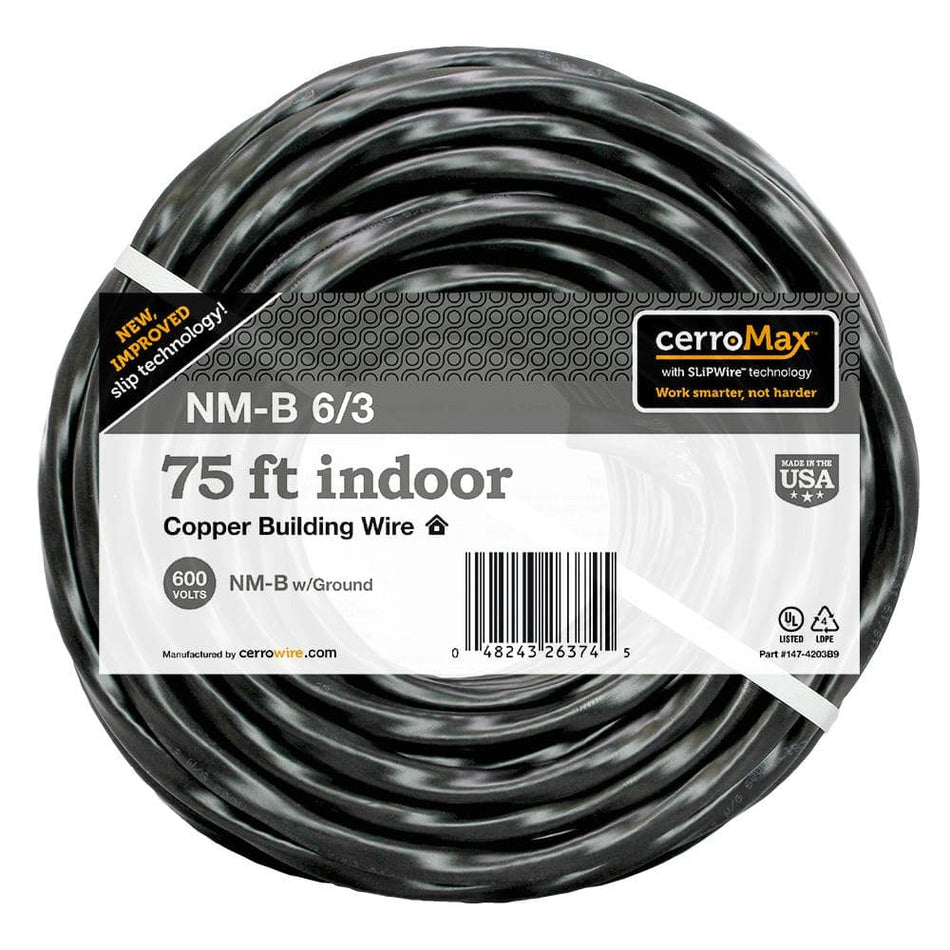 Cerrowire 75 ft. 6/3 Black Stranded CerroMax SLiPWire Copper NM-B Wire