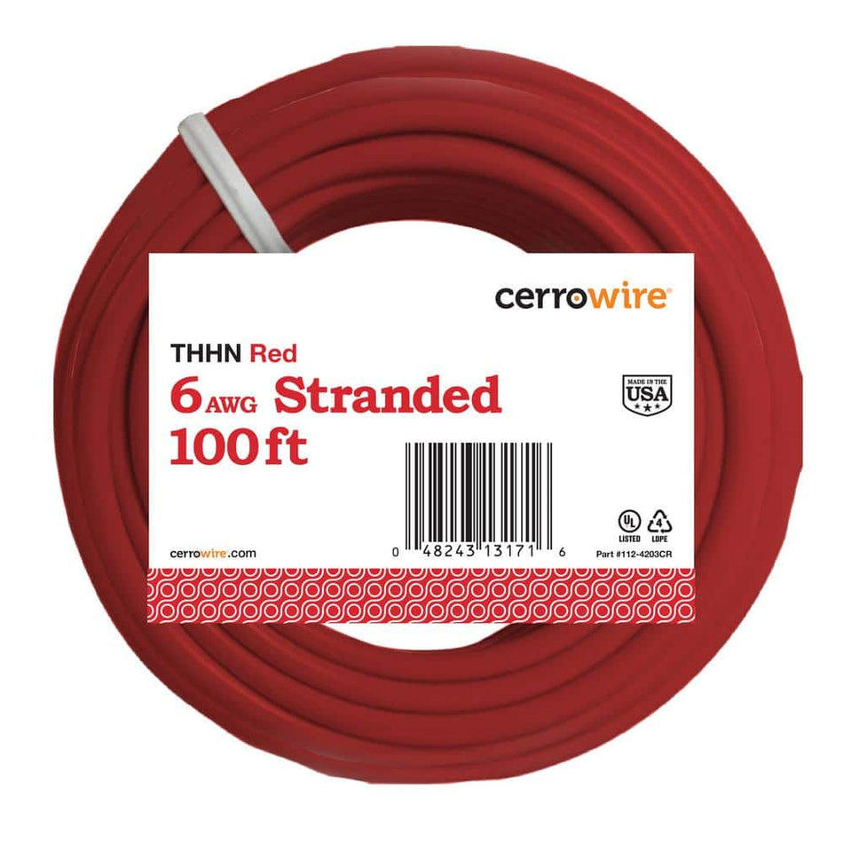 Cerrowire 100 ft. 6 Gauge Red Stranded Copper THHN Wire