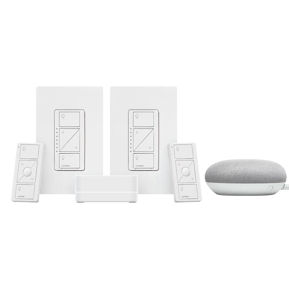 Lutron Caseta Smart Lighting Dimmer Switch (2 Count) Starter Kit w/ Google Mini Chalk (CASETA2W-GMCHLK)