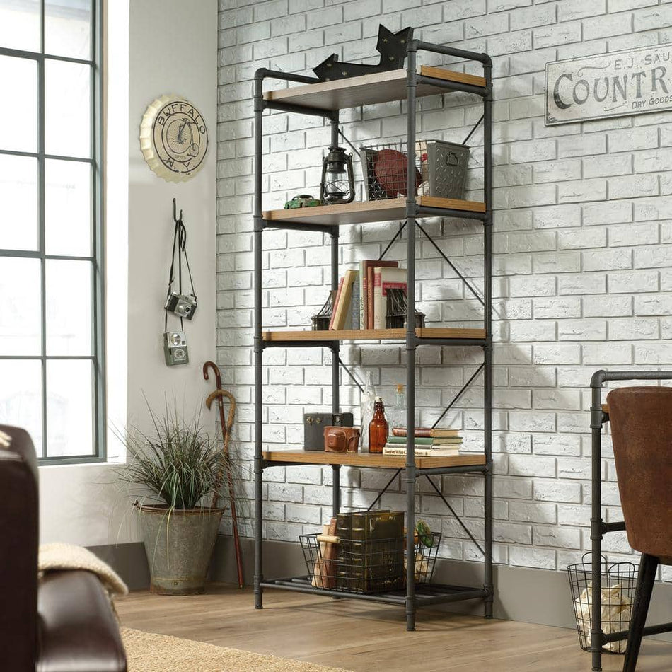 SAUDER 75.66 in. Checked Oak Metal 5-shelf Accent Bookcase with Open Back