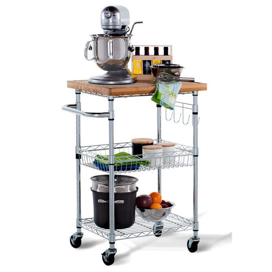 TRINITY EcoStorage Chrome Kitchen Cart with Bamboo Top