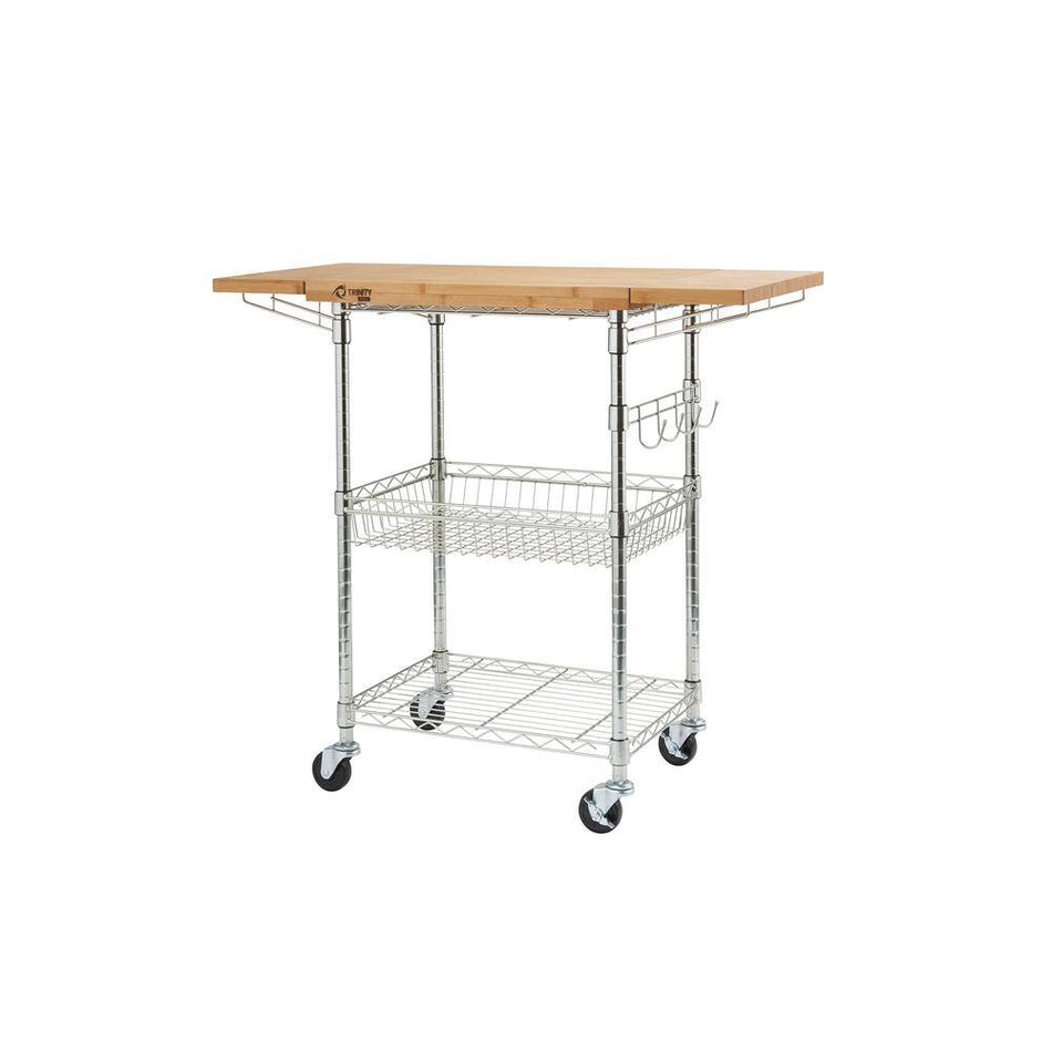 TRINITY PRO EcoStorage Chrome Kitchen Cart with Bamboo Top