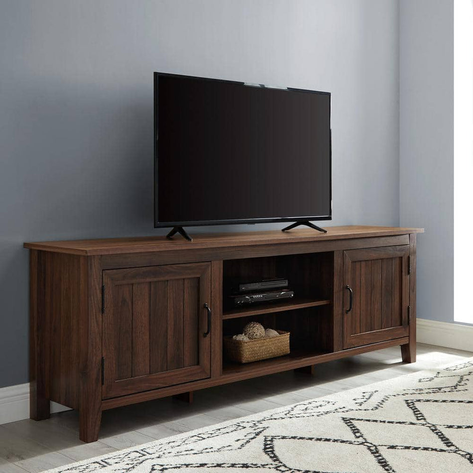 Walker Edison Furniture Company 70 in. Dark Walnut Composite TV Stand Fits TVs Up to 78 in. with Storage Doors