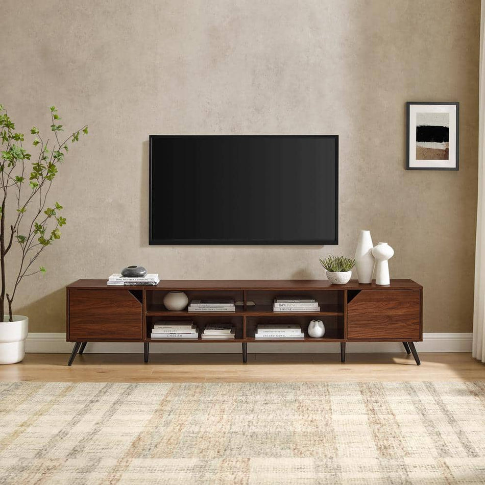 Welwick Designs 80 in. Dark Walnut Wood Modern Wide TV Stand with Open and Closed Storage Fits TVs up to 90 in.