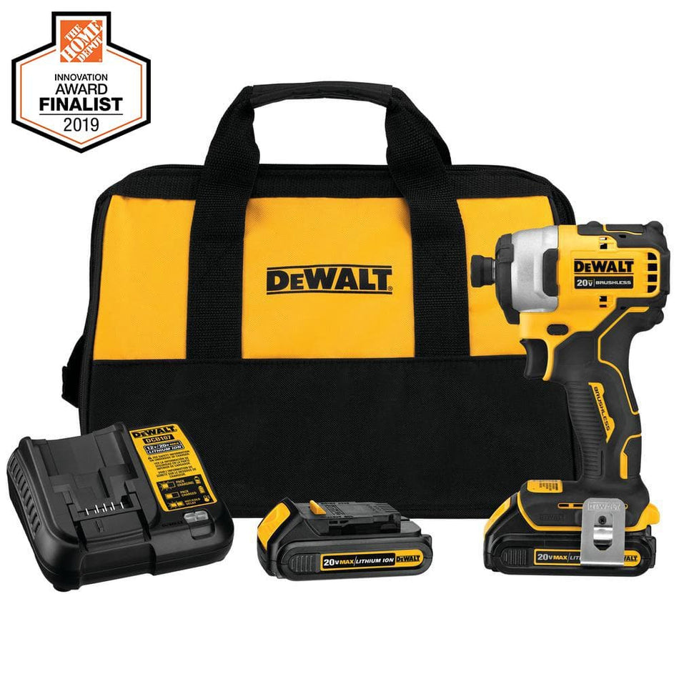 DEWALT ATOMIC 20V MAX Cordless Brushless Compact 1/4 in. Impact Driver, (2) 20V 1.3Ah Batteries, Charger, and Bag