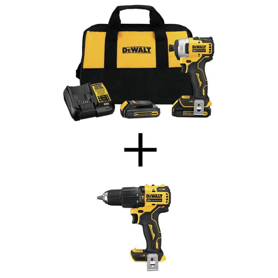 DEWALT ATOMIC 20V MAX Cordless Brushless Compact 1/4 in. Impact Driver Kit and ATOMIC Brushless Compact 1/2 in. Hammer Drill