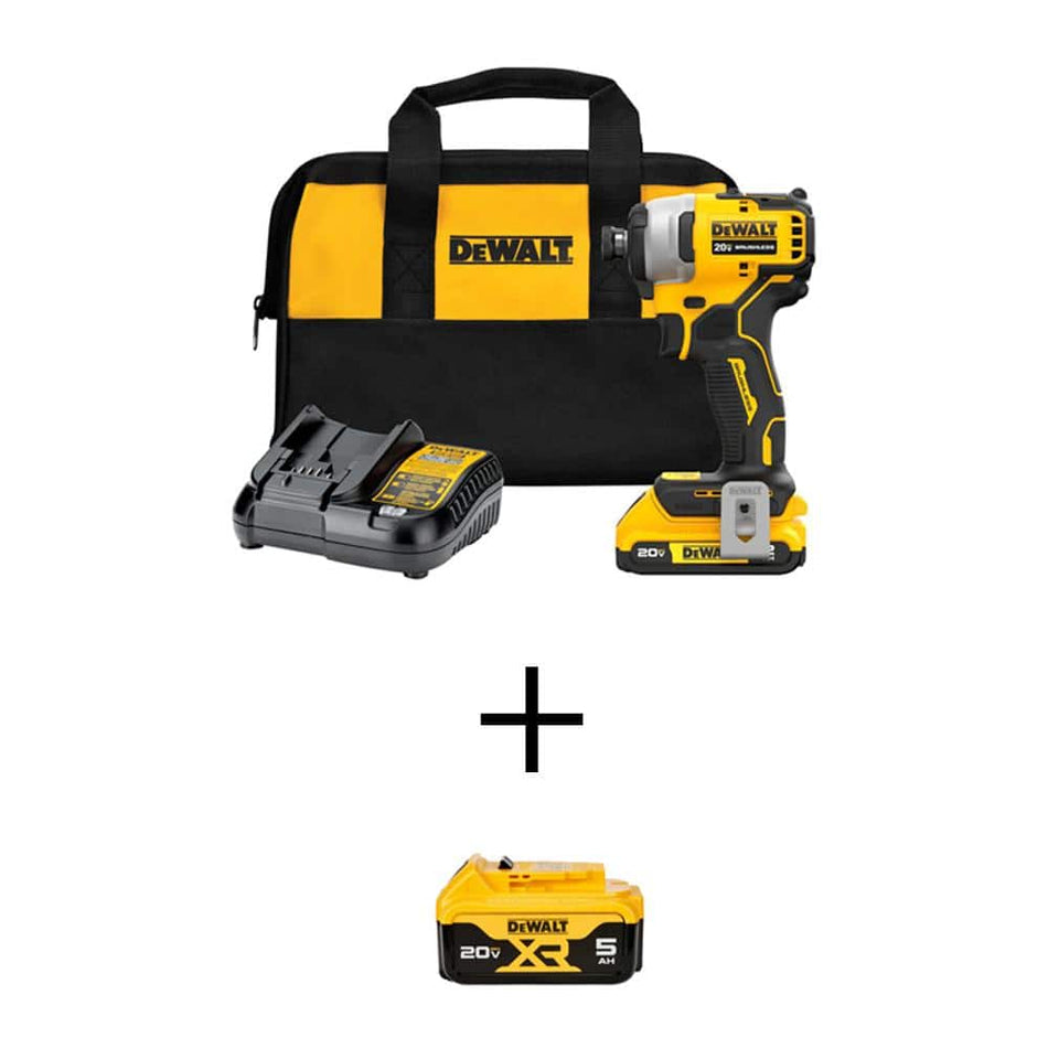 DEWALT ATOMIC 20V MAX Lithium-Ion Brushless Cordless Compact 1/4 in. Impact Driver with 2Ah and 5Ah Batteries, Charger and Bag