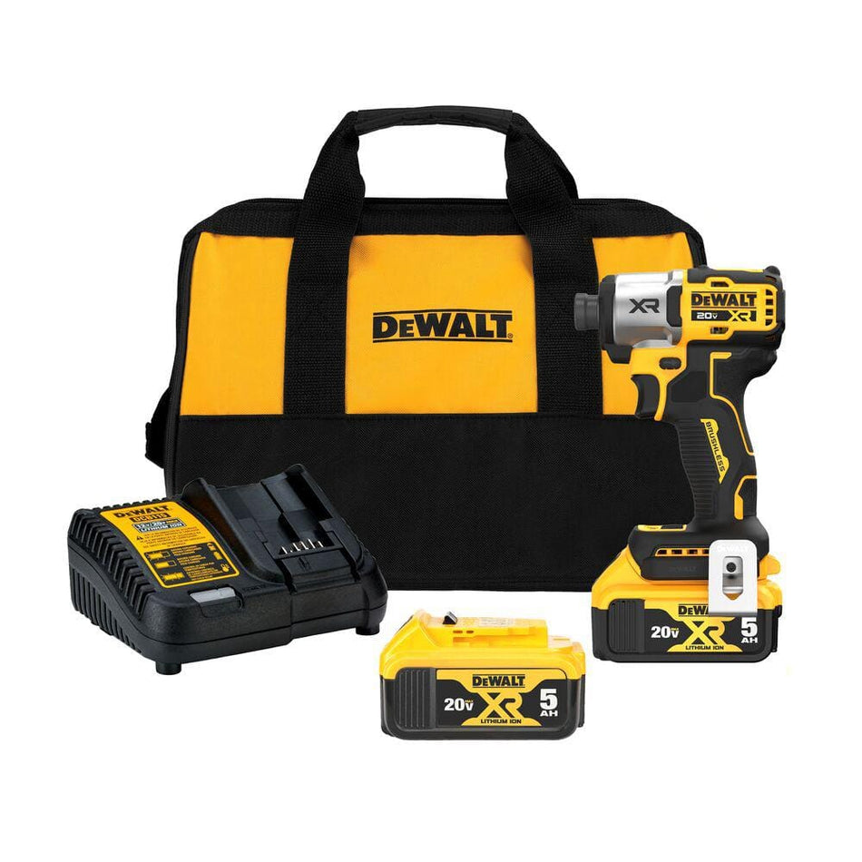 DEWALT 20-Volt MAX XR Lithium-Ion Cordless Brushless 1/4 in. 3-Speed Impact Driver Kit with (2) 5.0 Ah Batteries, Charger & Bag