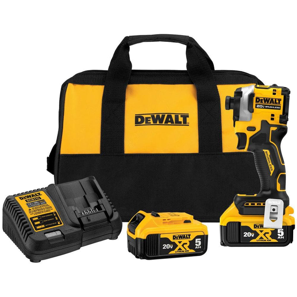 DEWALT ATOMIC 20V MAX Lithium-Ion Cordless Brushless 1/4 in. Impact Driver Kit, (2) 20V 5Ah Batteries, Charger, and Bag