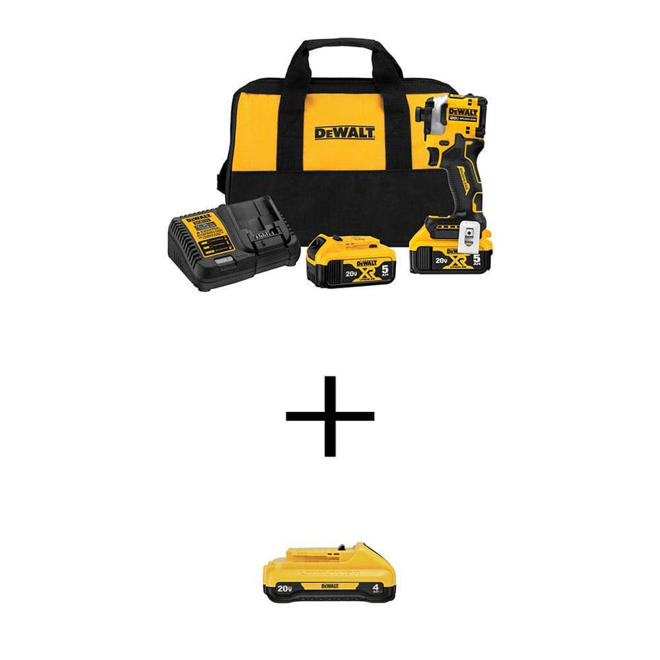 DEWALT ATOMIC 20V MAX Lithium-Ion Cordless Brushless 1/4 in. Impact Driver Kit, (2) 20V 5Ah & 1 4Ah Batteries, Charger and Bag