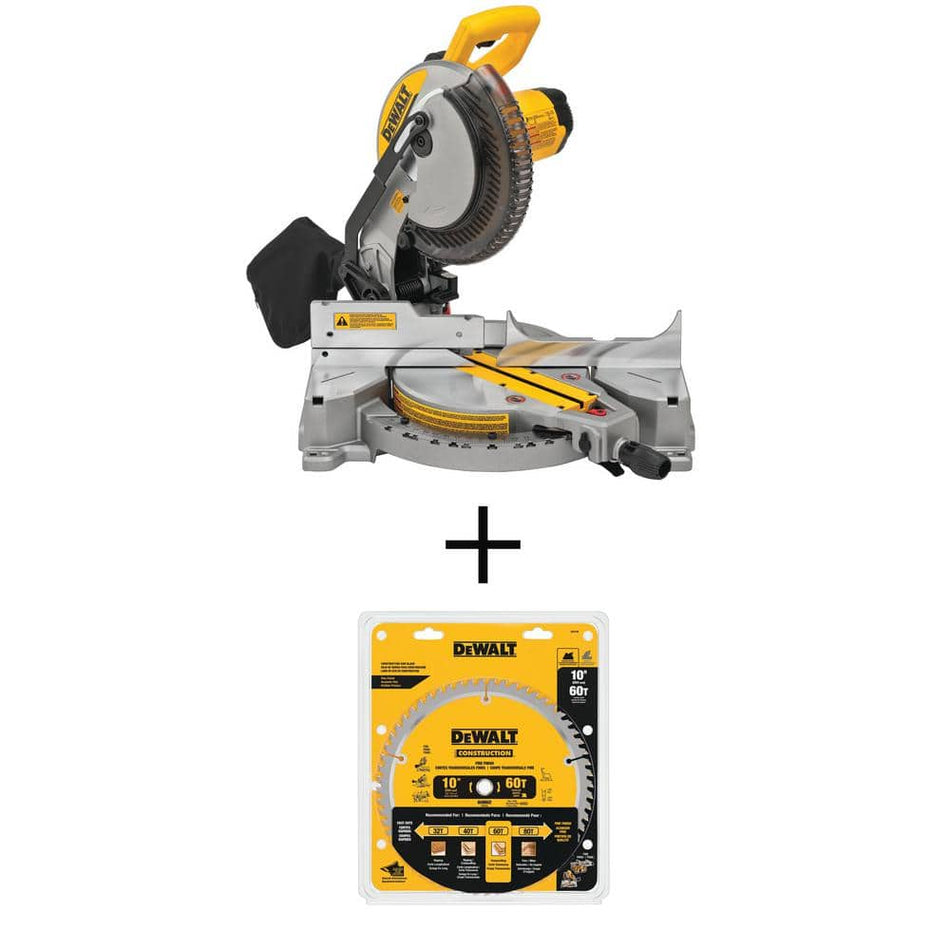 DEWALT 15 Amp Corded 10 in. Compound Single Bevel Miter Saw and 20 Series 10 in. 60T Fine Finish Saw Blade