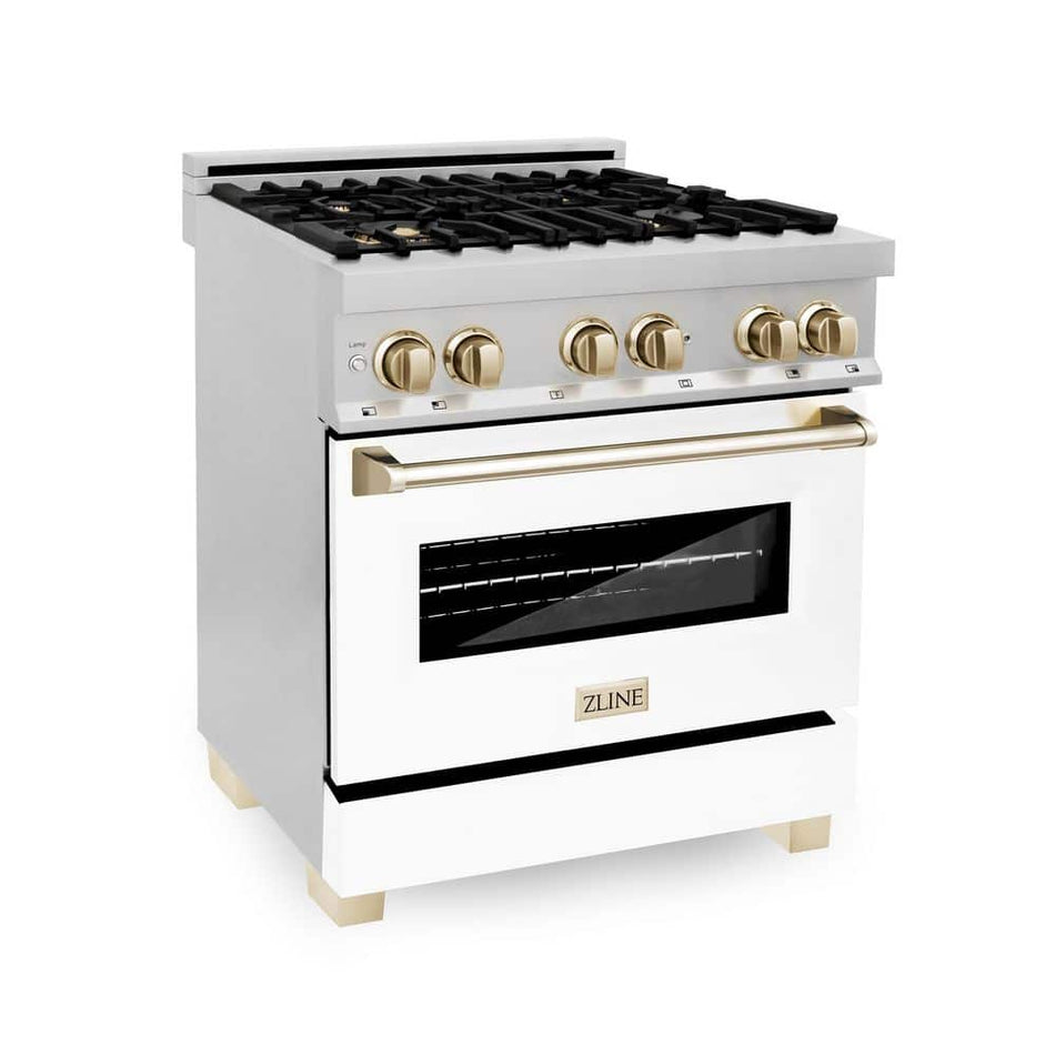 ZLINE Kitchen and Bath Autograph Edition 30 in. 4 Burner Dual Fuel Range in Stainless Steel, White Matte and Polished Gold