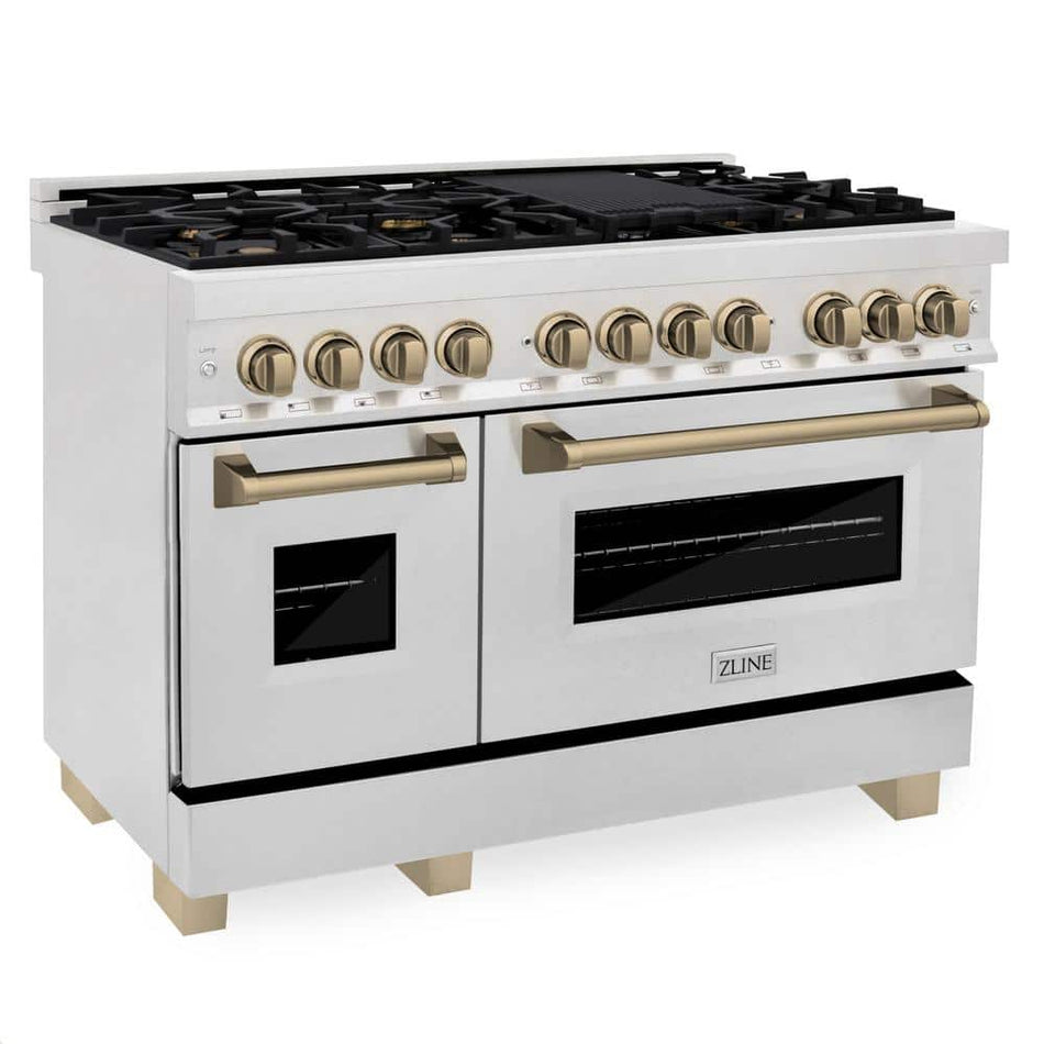 ZLINE Kitchen and Bath Autograph Edition 48 in. 7-Burner Double Oven Dual Fuel Range in Fingerprint Resistant Stainless and Champagne Bronze