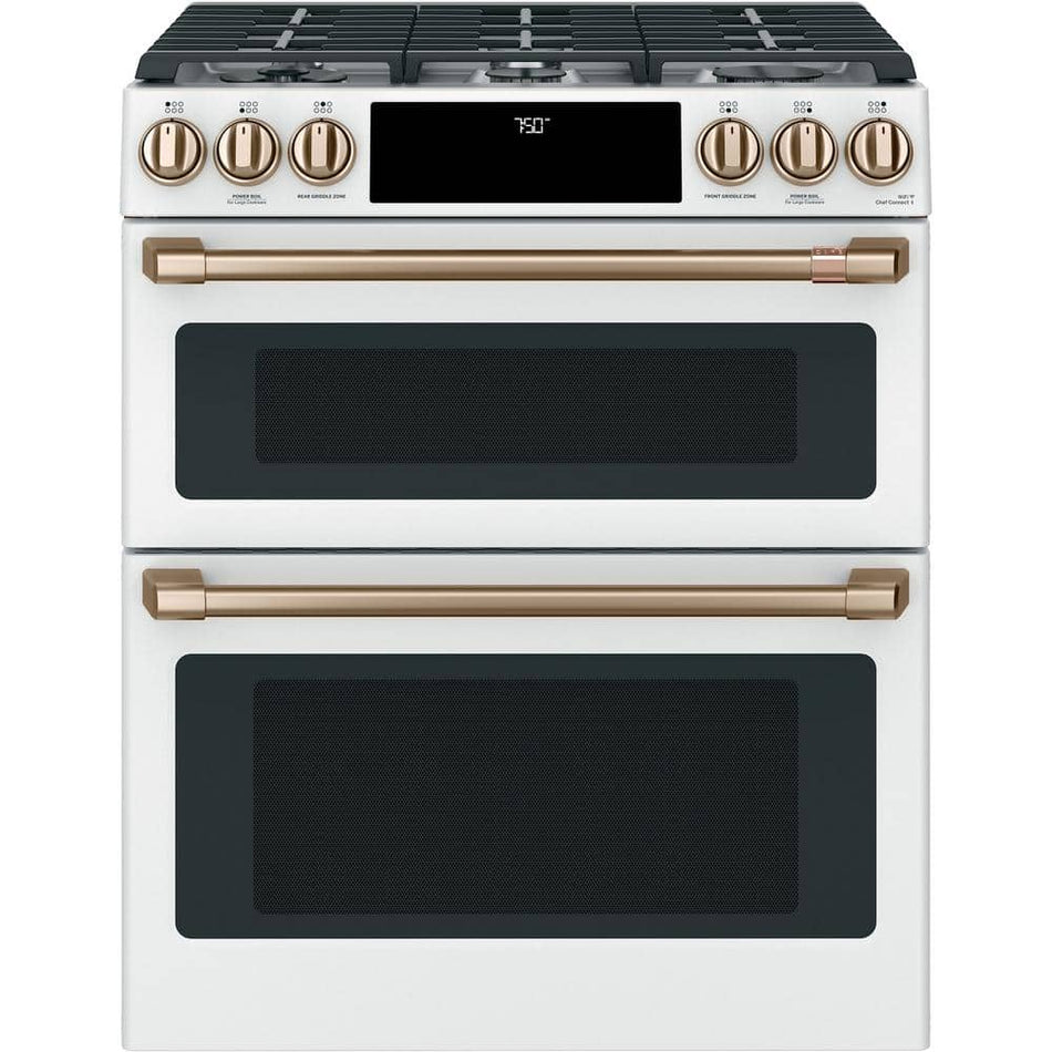 Cafe 30 in. 6.7 cu. ft. Smart Slide-In Double Oven Gas Range in Matte White with True Convection, Air Fry