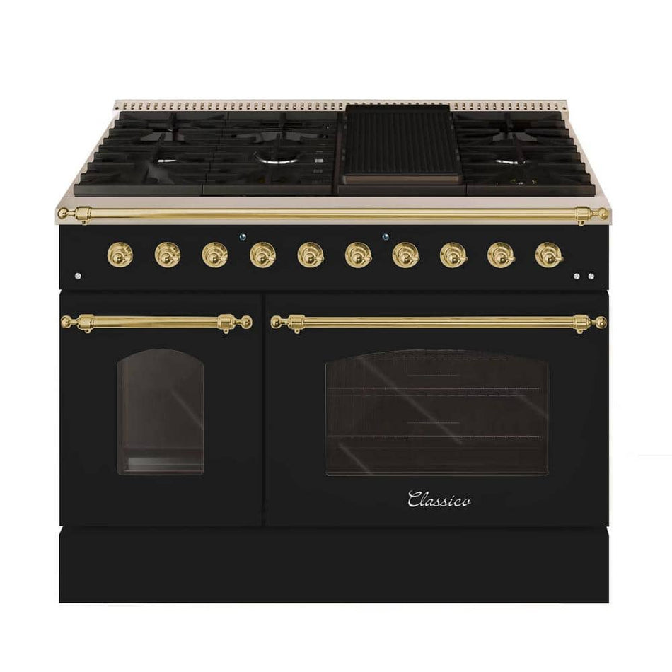 Hallman CLASSICO 48 in. TTL 6.7 Cu. ft. 8 Burner Freestanding Dual Fuel Range Gas Stove Electric Oven, Glossy Black Brass Trim