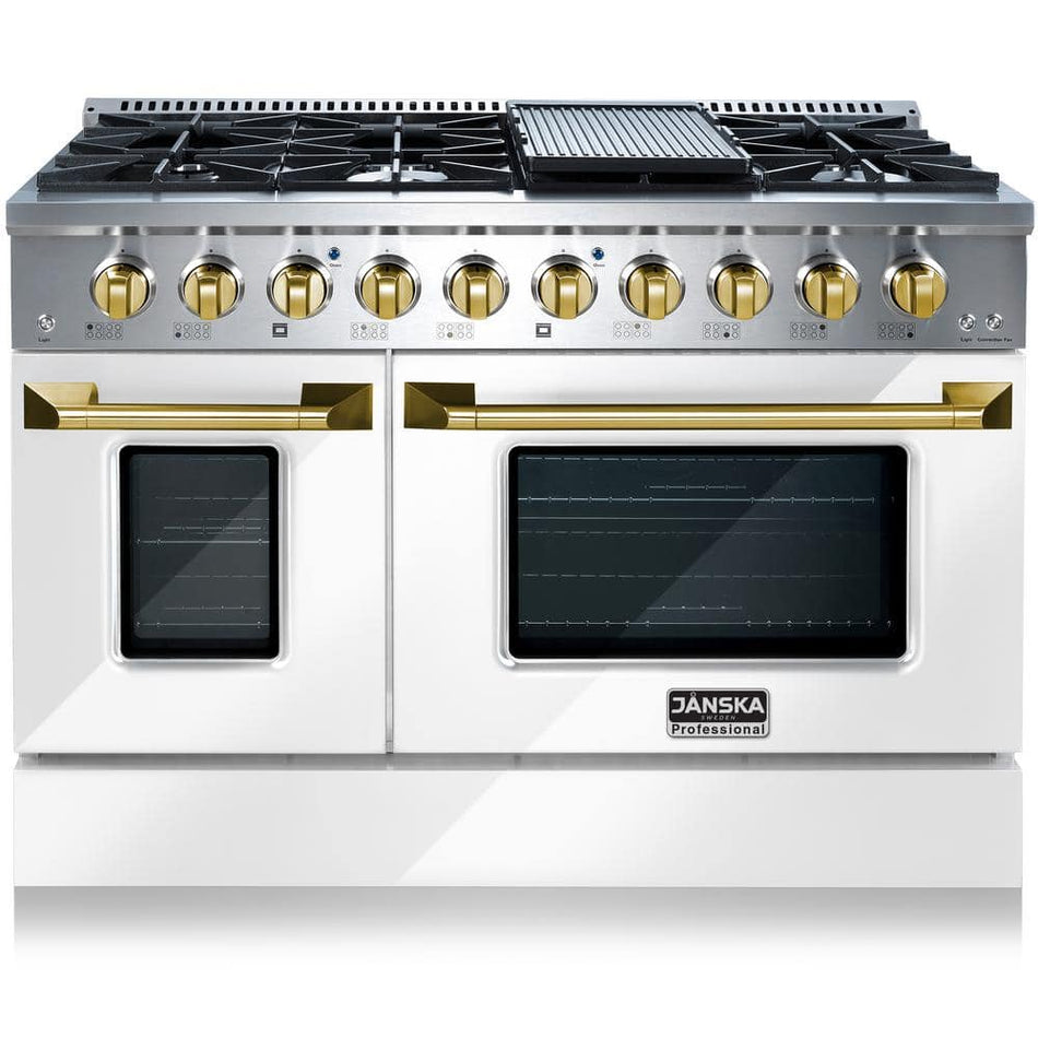 JANSKA Professional 48 in. 6.7 cu. ft. 8-Burners Freestanding Double Oven Gas Range with Griddle in Glossy White