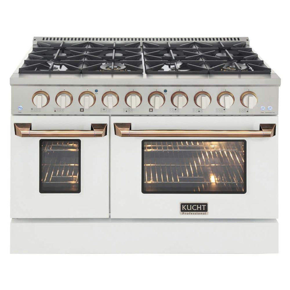 Kucht Custom KNG 48 in. 6.7 cu. ft. Natural Gas Range Double Oven with Convection in White with White Knobs and Gold Handle