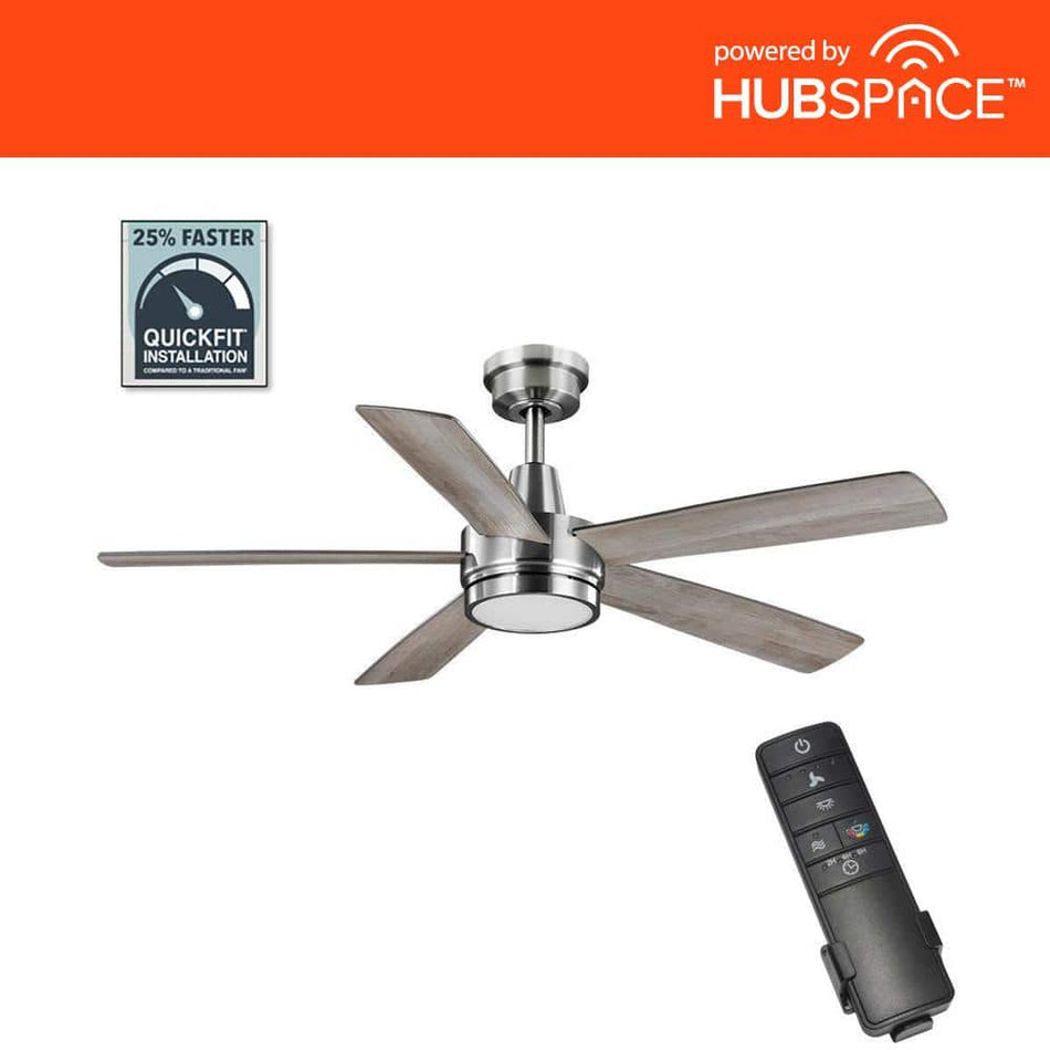 Hampton Bay Fanelee 54 in. White Color Changing LED Brushed Nickel Smart Ceiling Fan with Light Kit and Remote Powered by Hubspace
