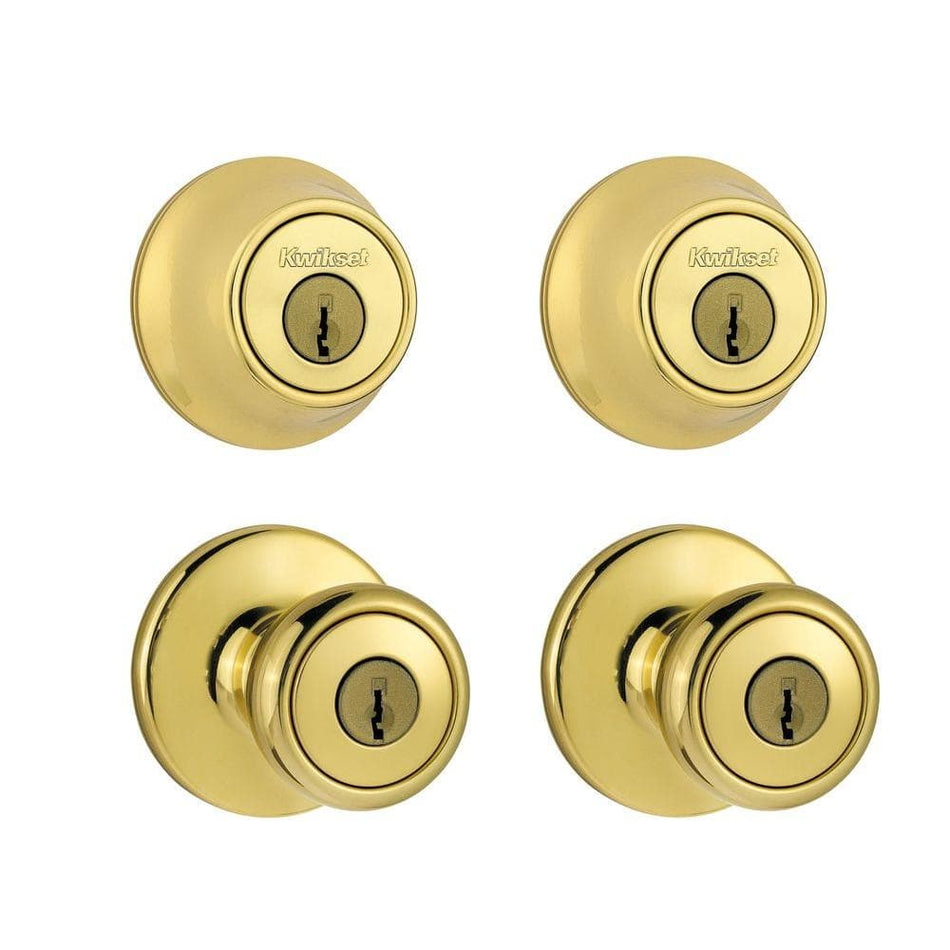 Kwikset Tylo Polished Brass Exterior Entry Door Knob and Single Cylinder Deadbolt Project Pack Combo Pack