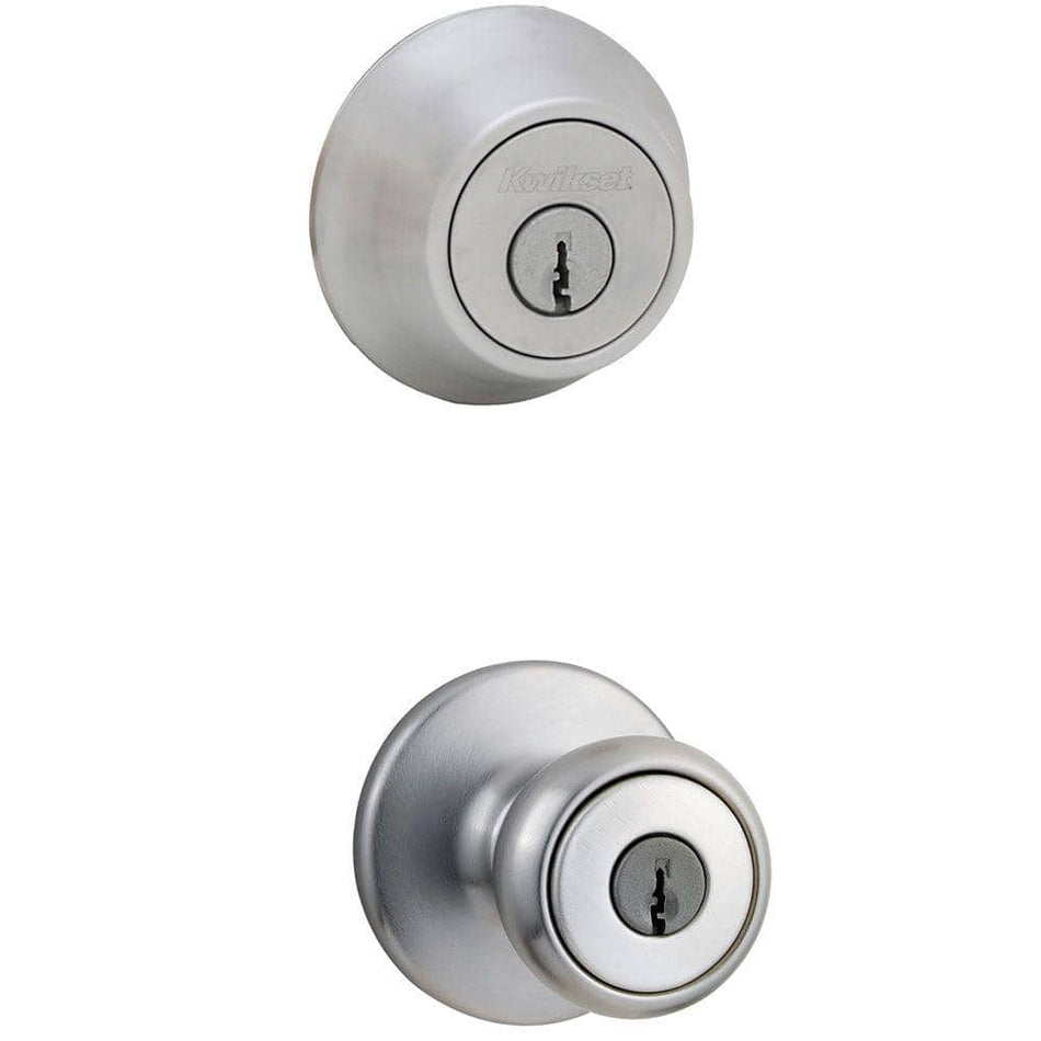 Kwikset Tylo Satin Chrome Entry Door Knob and Single Cylinder Deadbolt Combo Pack