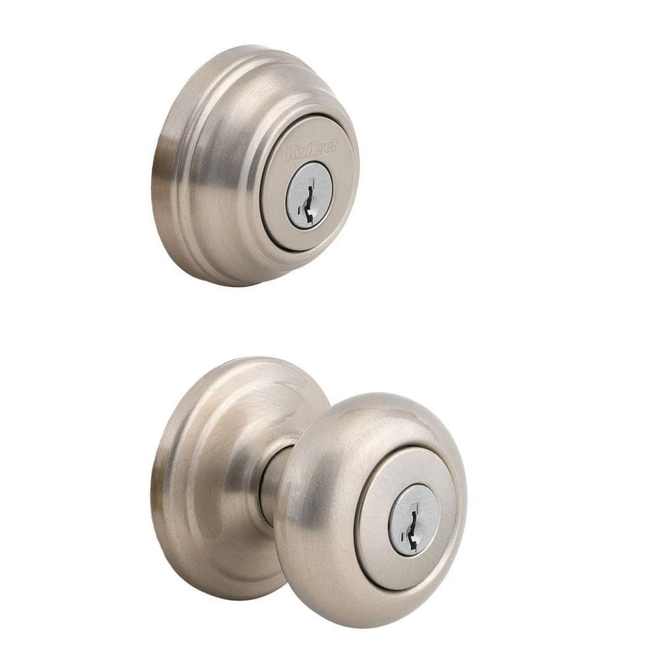 Kwikset Juno Satin Nickel Exterior Entry Door Knob and Single Cylinder Deadbolt Combo Pack Featuring SmartKey Security