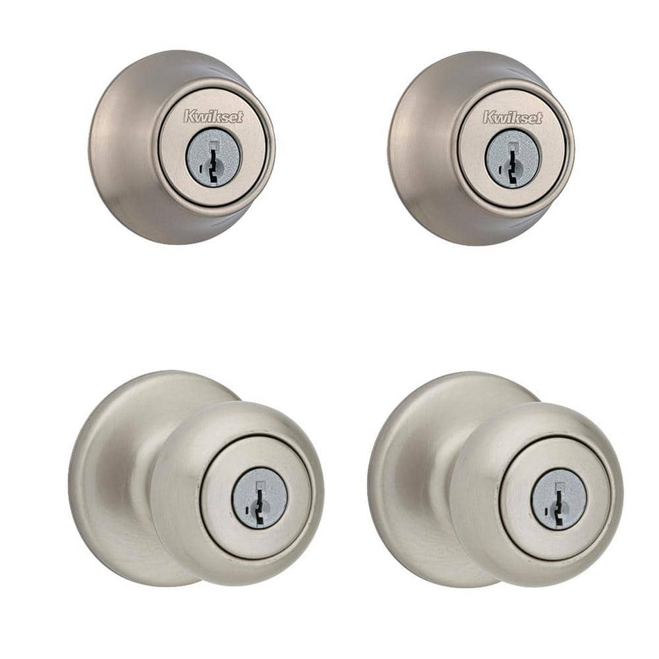 Kwikset Cove Satin Nickel Keyed Entry Door Knob and Single Cylinder Deadbolt Project Pack featuring SmartKey and Microban