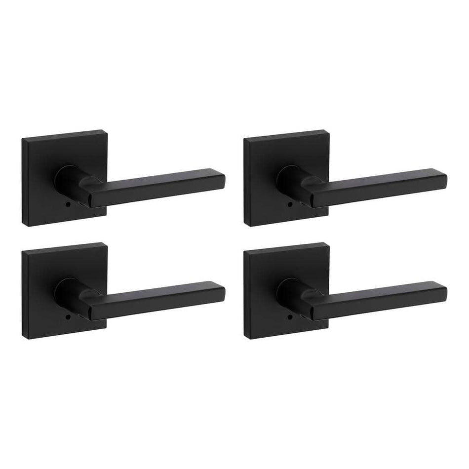 Kwikset Halifax Square Matte Black Bed/Bath Door Lever with Lock (4-Pack)