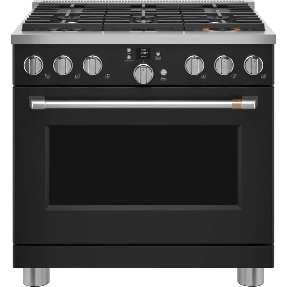 Cafe 36 in. 5.75 cu. ft. Smart 6 Burner Dual Fuel Range with Convection in Matte Black