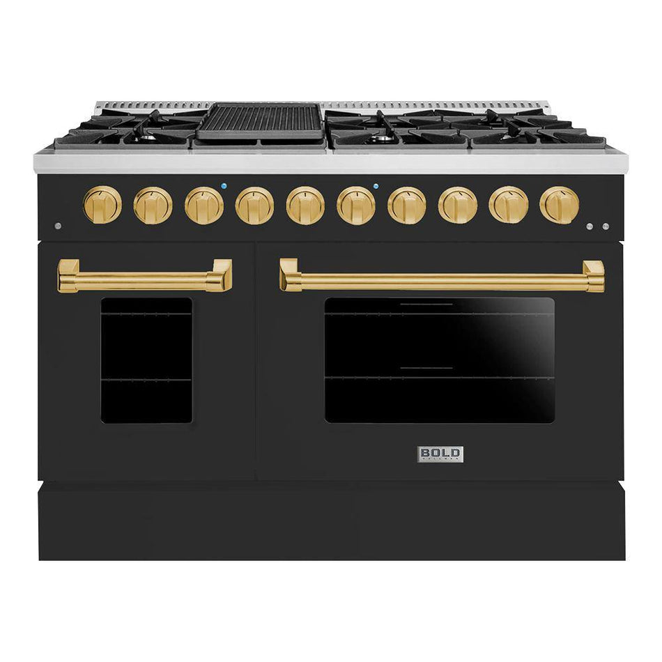 Hallman BOLD 48 in. TTL 6.7  Cu. ft. 8 Burner Freestanding All Gas Range LP Gas Stove and Gas Oven, Matte Graphite Brass Trim