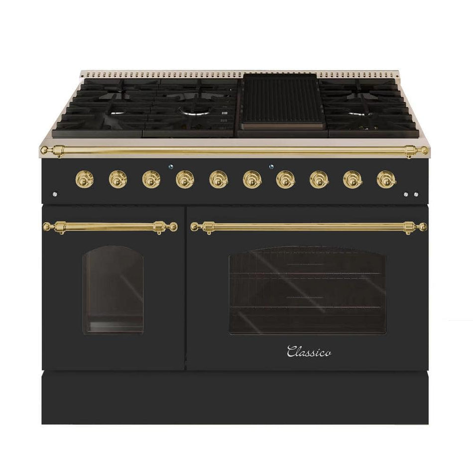 Hallman CLASSICO 48 in. TTL6.7 Cu. ft. 8 Burner Freestanding Dual Fuel Range LP Gas Stove Electric OvenMatte Graphite Brass Trim