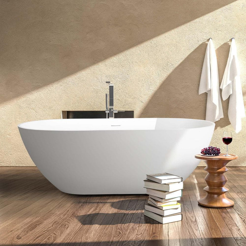 Xspracer Moray 59 in. x 30 in. Solid Surface Stone Resin Flatbottom Freestanding Double Slipper Soaking Bathtub in Matte White