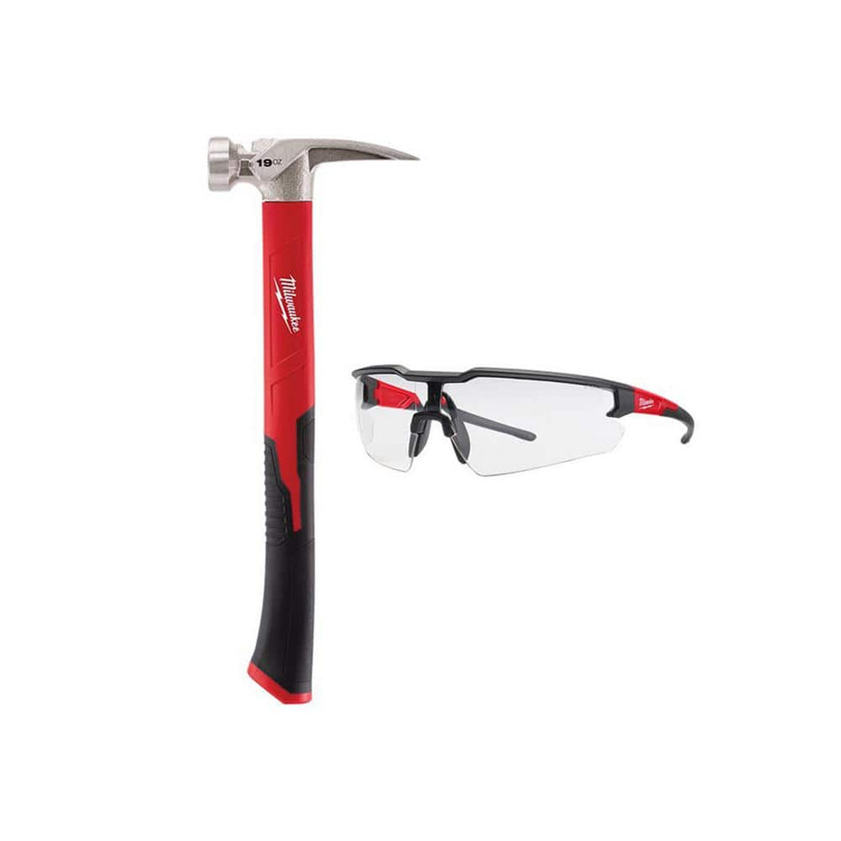 Milwaukee 19 oz. Smooth Face Poly/Fiberglass Handle Hammer and Clear Safety Glasses Anti-Scratch Lenses