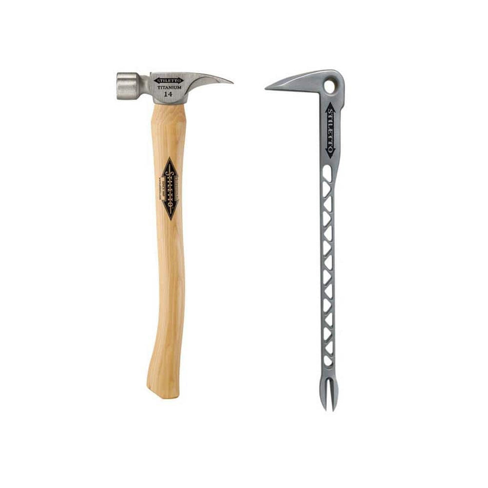 Milwaukee 14 oz. Titanium Smooth Face Hammer with 18 in. Curved Hickory Handle w/12 in. Titanium Clawbar Nail Puller with Dimpler