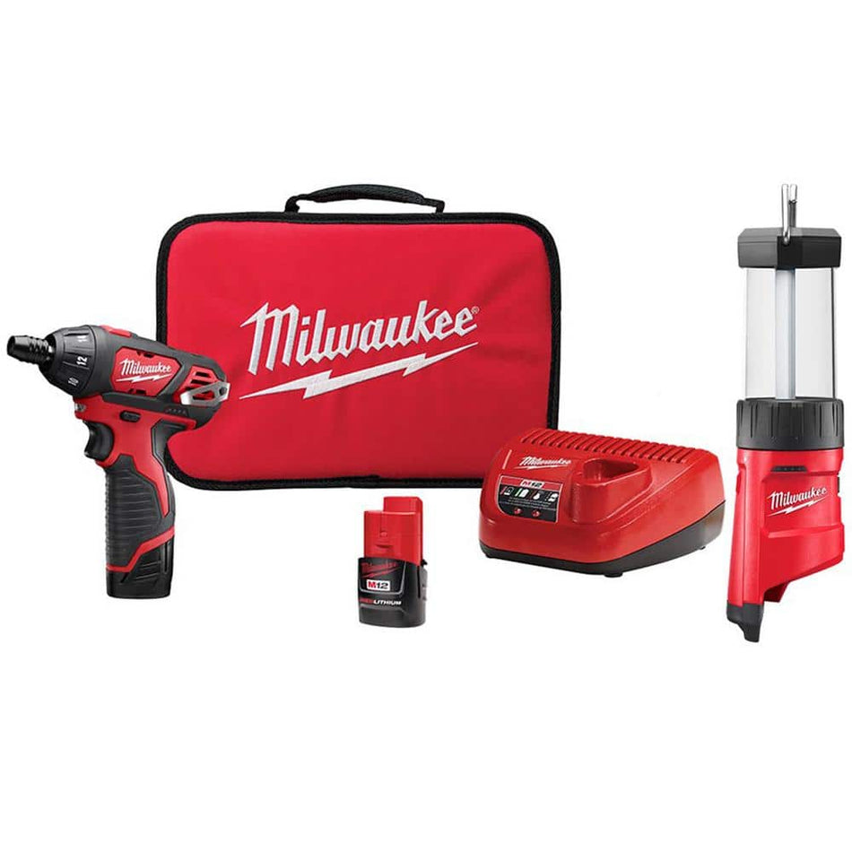 Milwaukee M12 12V Li-Ion Cordless 1/4 in. Hex Screwdriver Kit with M12 400 Lumens LED Lantern/Trouble Light with USB Charging