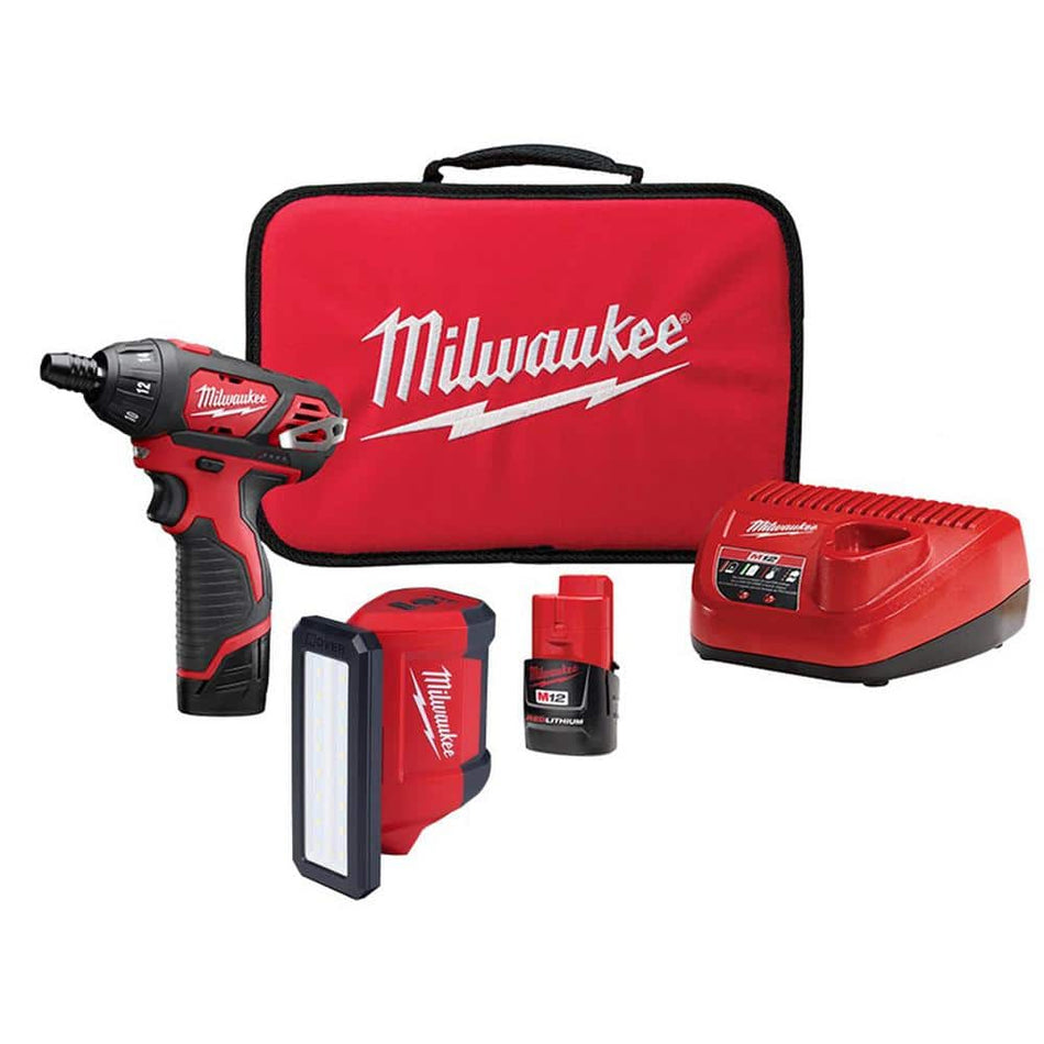 Milwaukee M12 12V Li-Ion Cordless 1/4 in. Hex Screwdriver Kit w/ M12 Service & Repair 700 Lumens Flood Light w/ USB Charging