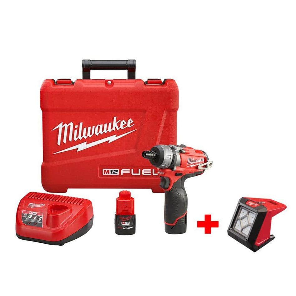 Milwaukee M12 FUEL 12-Volt Cordless Brushless 1/4 in. Hex 2-Speed Screwdriver Kit Free M12 Compact Flood Light (Tool-Only)